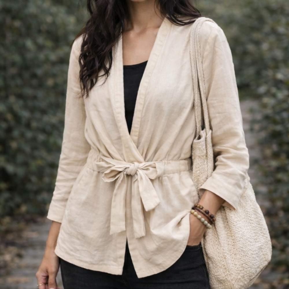 Zara Basic Linen Blend Wrap Blazer Tie Waist Cream Lagenlook Capsule M